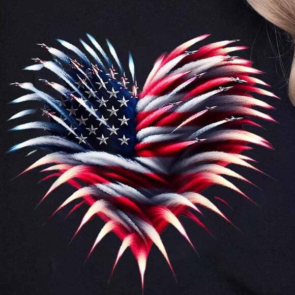 America 4th of July TShirt, Fighter Jet Airplane American Flag Heart Tee - Picture 2 of 4